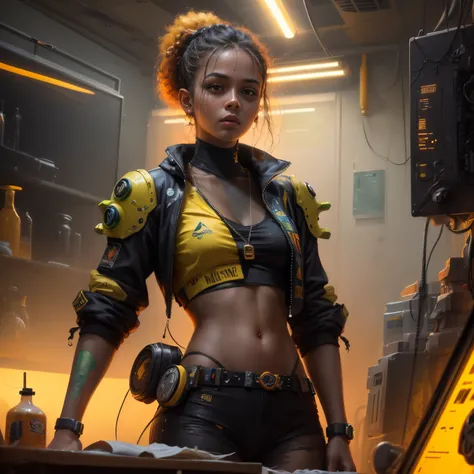 Um humano com pele laranja, cyberpunk laboratory environment, pintura digital de alta qualidade, detalhes intrincados, reference of great digital painting artists, 8k