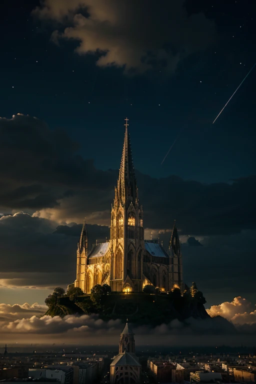 please place the church floating in the sky, in the middle of clouds, with cosmic rays of light, cathedral with 3 towers