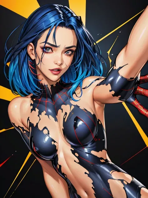 (best quality, masterpiece, colorful, dynamic angle, highest detailed) upper body photo, fashion photography of cute, dark blue hair with black highlights, torn spiderman suit,(ultrahigh resolution textures), in dynamic pose, bokeh, glowing web, (intricate...