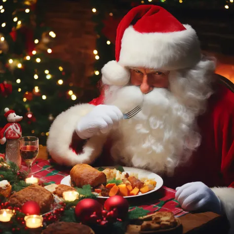 delighted santa claus eating a meal at a table with a christmas tree in the background, santa claus, santa clause, santa, holiday season, shutterstock, christmas night, profile image, christmas, santa inside a rustic barn, by Aleksander Gierymski, istock, ...