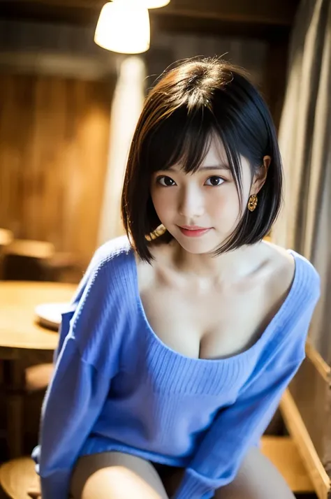 No bangs:1.10、straight flat chest:1.20, (leaning-forward:1.3)、(Oversized sweater、Blue sweater、Loose chest:1.5)、bra very.10, Pink areola is visible:1.20,  B Cup:1.20, Erotic, (top-quality、8K、32K、​masterpiece)、japanes、17 age、Very pretty girl、a beauty girl、cr...