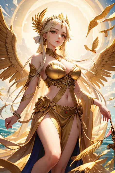 goddess with wings，golden colored，Skysky