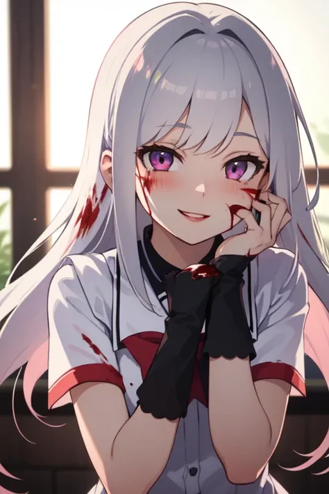 1girl, (yandere:1.4), (yandere trance:1.4), crazy, ((blood on face)), backlighting, looking at viewer, white hair, purple eyes, blush, smile, yandere simulator, glowing eyes, evil smile, (shaded face:1.2)