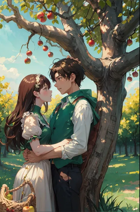 anime couple in a park under a tree with apples, Art not Guweiz style, anime exuberante john 8k madeiras, Kawacy, Guweiz, Artgerm e Atey Ghailan, Fanart de alta qualidade, Guweiz e Makoto Shinkai, Sakimichan e Makoto Shinkai, Fanart oficial, standing in an...