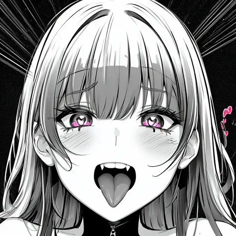 1girl, ahegao, heart pupils, black and white, bangs hairstyle, laughing, drooling, tongue out, in love, techno