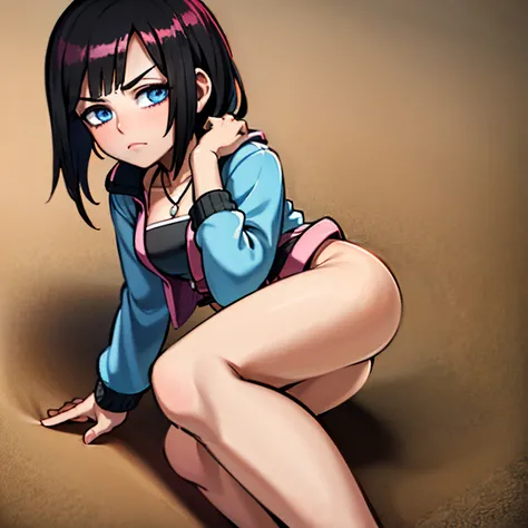 (masterpiece, best quality)), (1girl), (solo), (female focus), young girl, black hair, blue eyes, pink letter jacket, black skirt, silver necklace, in a beach, 4k, masterpiece, accessories, looking at viewer, , female death appearance, dynamic angle, highl...