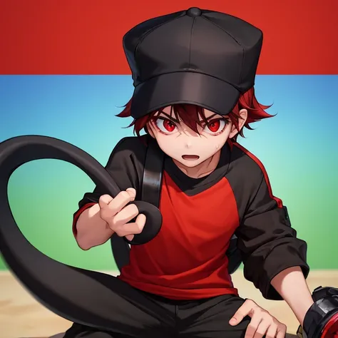 Kid with red eyes a black hat with a red brim, black shirt and black and red sweatpants