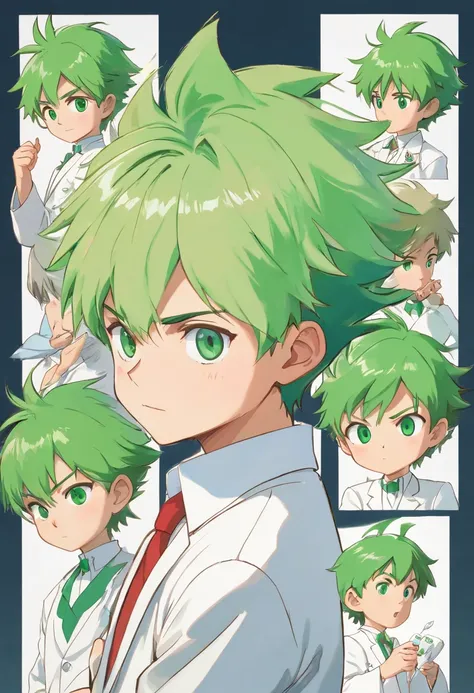 10 year old boy named Francis Chandra with short spiky green hair, emerald eyes, dressed with white suit. ((character design sheet)) ((((different poses different angles))))