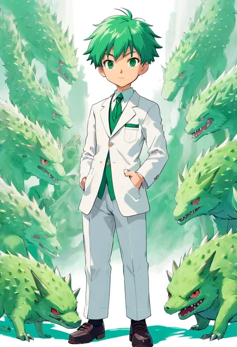 10 year old boy named Francis Chandra with short spiky green hair, emerald eyes, dressed with white suit. ((character design sheet)) ((((action poses different views))))