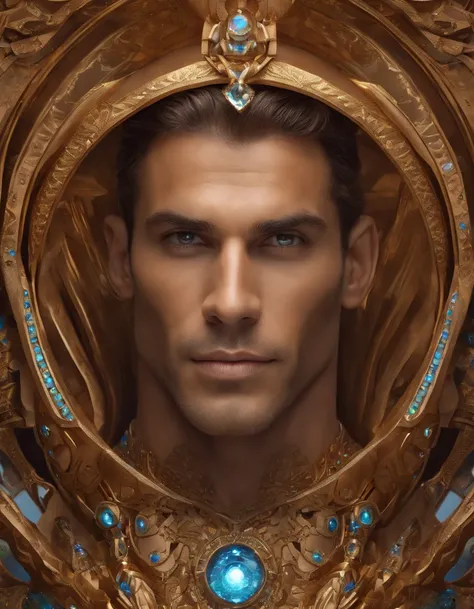 Stunning, insanely handsome 40 years old very masculine Brazilian Man, God of Multiverse, Impossing, fitted Athletic Body, Suntan Skin, Wearing Egyptian Jewels Futuristic Cut Armor with Bracelets and with Intricate Isometric Fluid Galaxy Bioluminescence Ef...