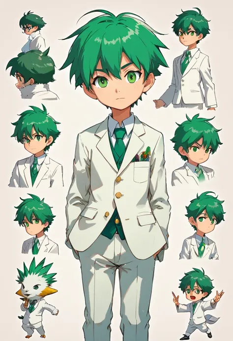 10 year old boy named Francis Chandra with short spiky green hair, emerald eyes, dressed with white suit. ((character design sheet)) ((((action poses different views))))