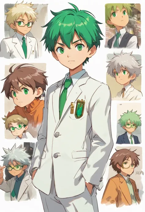 10 year old boy named Francis Chandra with short spiky green hair, emerald eyes, dressed with white suit. ((character design sheet)) ((((action poses different views))))