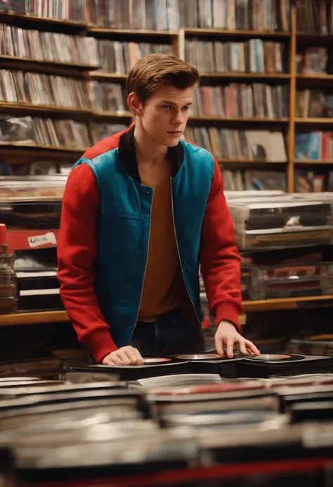 A photo of Nathan angrily flipping through a stack of vinyl records at a vintage record store,Life is Strange video game series,Nathan is a teenage boy with blue eyes, slicked back light brown hair, light freckles, wears a red letterman jacket, mean expres...