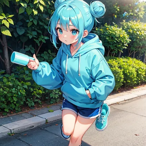 Female child with blue hair in 2 buns, blue hoodie with aqua colored shorts and turquoise sneakers