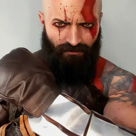 homem arafiado com barba e tinta vermelha no rosto, retrato de kratos, kratos, dwayne johnson como kratos, deus da guerra, dwayn...