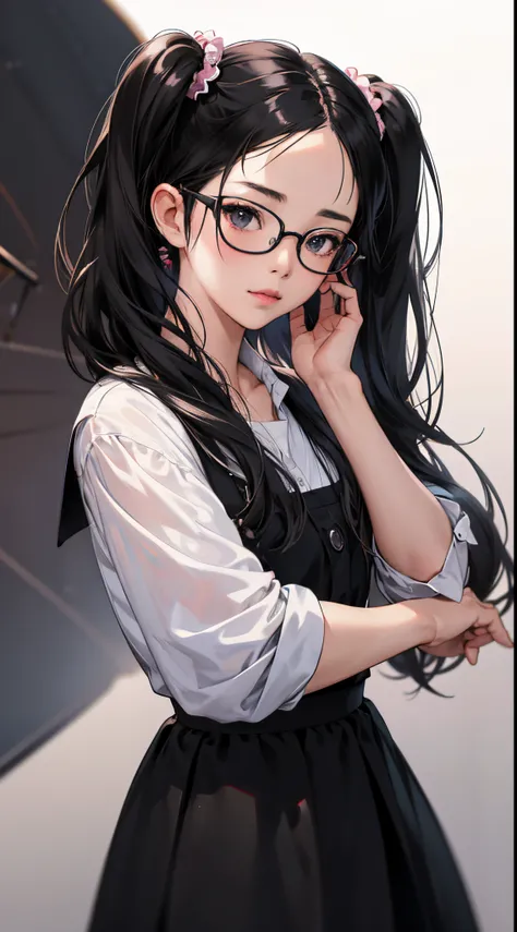 A woman wearing glasses and a black dress is posing, photorealistic anime girl render, artwork in the style of guweiz, kawaii realistic portrait, Hyper realistic anime, with black pigtails, realistic young anime girl, photorealistic anime, 3 d anime realis...