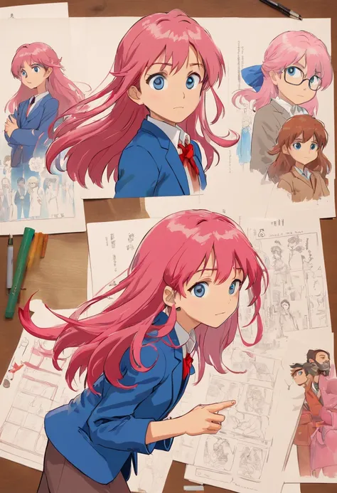 10 year old girl named Beverly Chandra with long flowy pink hair, blue eyes, dressed with red blazer. ((character design sheet)) ((((action poses different views))))