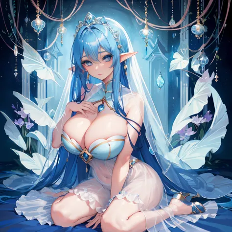 1 girl Big elf, blue hair, hot figure, big beauty, delicate and beautiful face, full body portrait, big eyes, beautiful face, big, transparent tulle, sexy and alluring, plump body, hands on chest, perfect body proportions