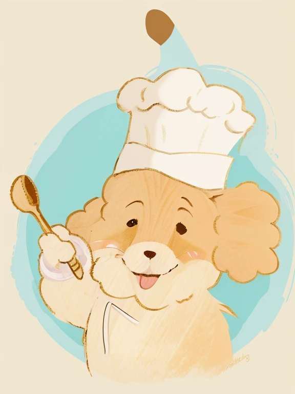 a dog wearing a chef hat and holding a wooden spoon, soft bright colors