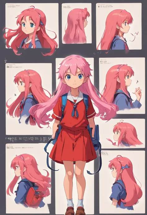 10 year old girl named Beverly Chandra with long flowy pink hair, blue eyes, dressed with red suit and backpack. ((character design sheet)) ((((different poses different angles))))