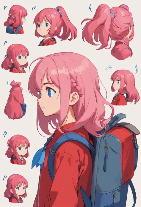 10 year old girl named Beverly Chandra with long flowy pink hair, blue eyes, dressed with red suit and backpack. ((character design sheet)) ((((different poses different angles))))