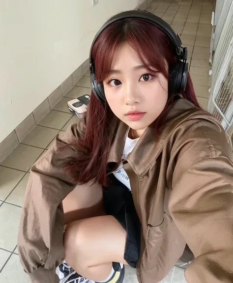 there is a woman with headphones sitting on the floor, Ulzzang, anime vibes, com fones de ouvido, com fones de ouvido, Sakimichan, 🤤 retrato da menina, Jinyoung Canela, Chiho, com cabelos curtos, menina coreana, com cabelos castanhos, Menina anime na vida ...