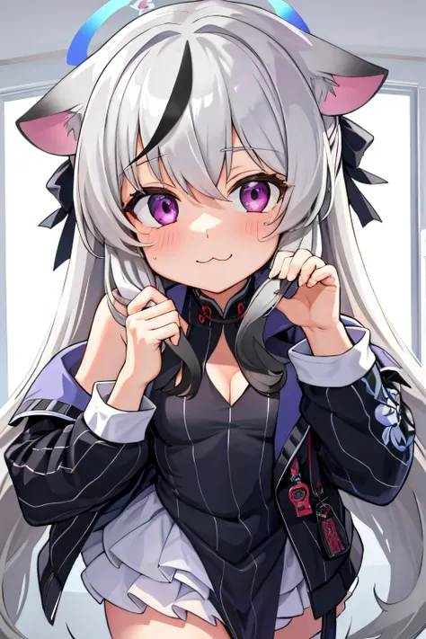 tmasterpiece， best qualtiy， ultra - detailed， 1girll，Gray hair Kokona， inside in room， Purple eye， ：3，the face， closeup cleavage