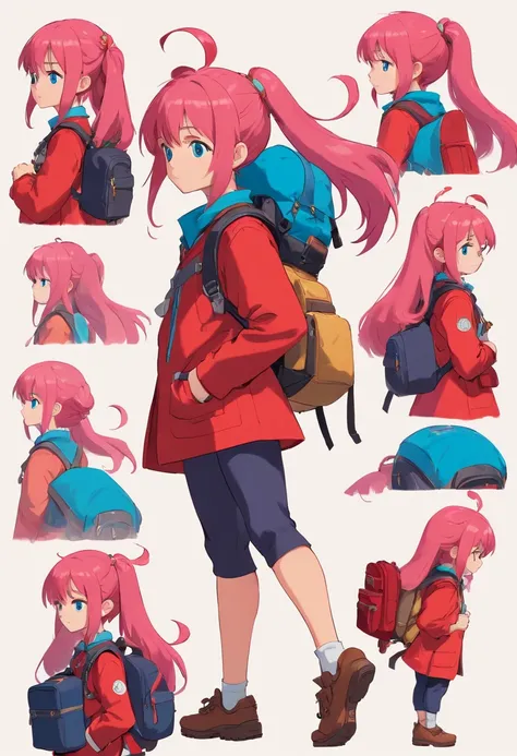 10 year old girl named Beverly Chandra with long flowy pink hair, blue eyes, dressed with red suit and backpack. ((character design sheet)) ((((different poses different angles))))