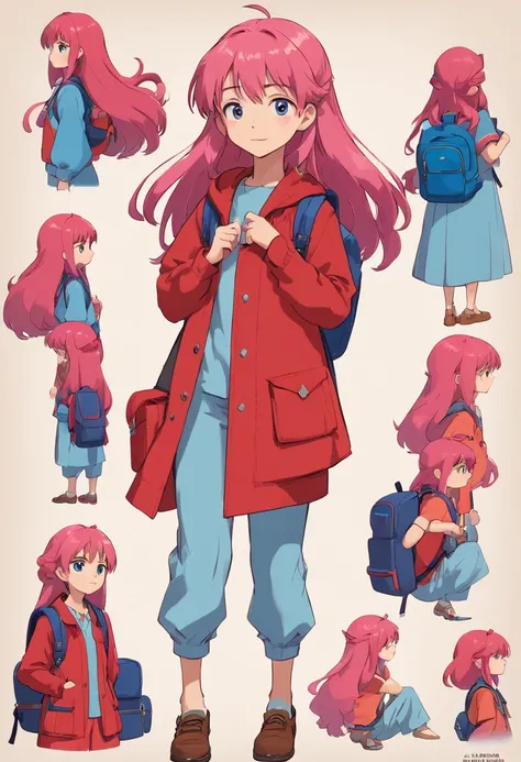 10 year old girl named Beverly Chandra with long flowy pink hair, blue eyes, dressed with red suit and backpack. ((character design sheet)) ((((different poses different angles))))