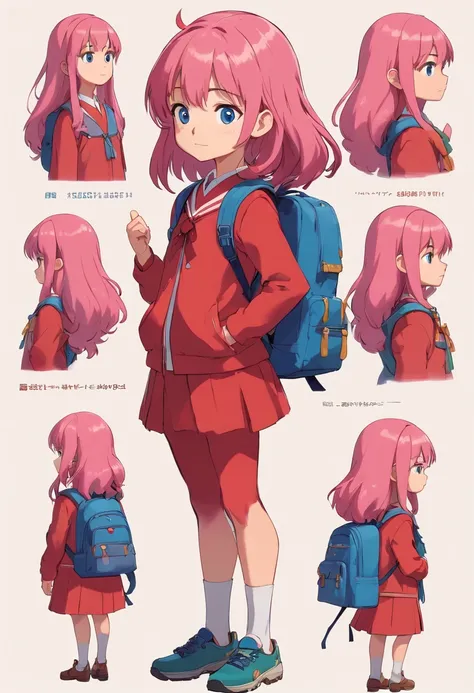 10 year old girl named Beverly Chandra with long flowy pink hair, blue eyes, dressed with red suit and backpack. ((character design sheet)) ((((different poses different angles))))