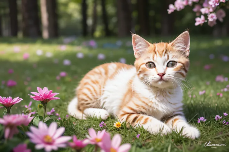 (White the, Cute, Detailed, Sleeping, Playful, Fluffy, Adorable) Contains a kitten (cozily, Comfortable, sunlit, Dreamy) garden, (With colorful flowers, lush grass, Tall trees, and butterflies) [surround the kitten] Under (clear blue skies, warm sunlight),...