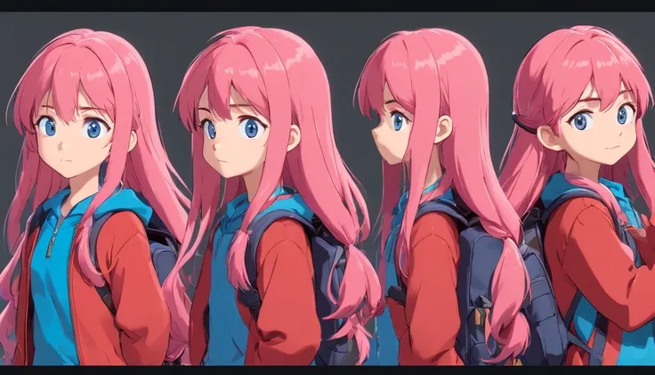 10 year old girl named Beverly Chandra with long flowy pink hair, blue eyes, dressed with red suit and backpack. ((character design sheet)) ((((different poses different angles))))