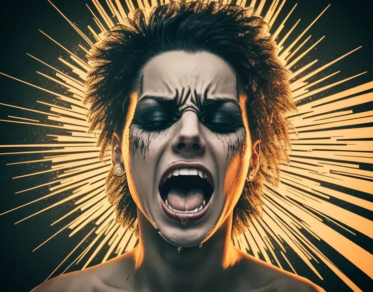 Person screaming visualized sound waves out of his mouth, while pealing off there skin, in 80s gothic punk style