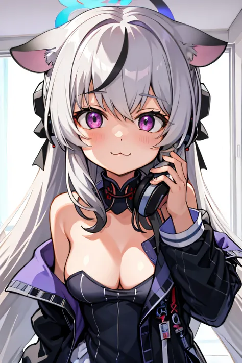 tmasterpiece， best qualtiy， ultra - detailed， 1girll，Gray hair Kokona， inside in room， Purple eye， ：3，the face， closeup cleavage, with headphones, in the room