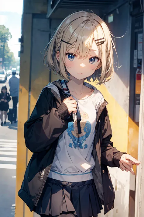 top-quality, anime moe art style,Best Anime 8K Konachan Wallpapers,Pixiv Contest Winner,Perfect Anatomy, (Draw a girl sleepily walking to school. ),BREAK, 1girl in, (Solo,Lori,child,13years:1.3),High school students, Short hair, Forehead, (Hair over one ey...