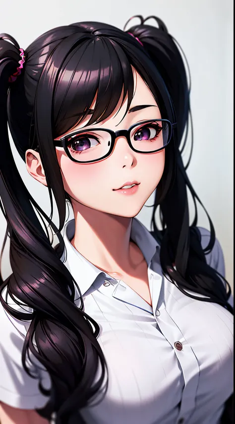 A woman wearing glasses and a black dress is posing, photorealistic anime girl render, artwork in the style of guweiz, kawaii realistic portrait, Hyper realistic anime, with black pigtails, realistic young anime girl, photorealistic anime, 3 d anime realis...