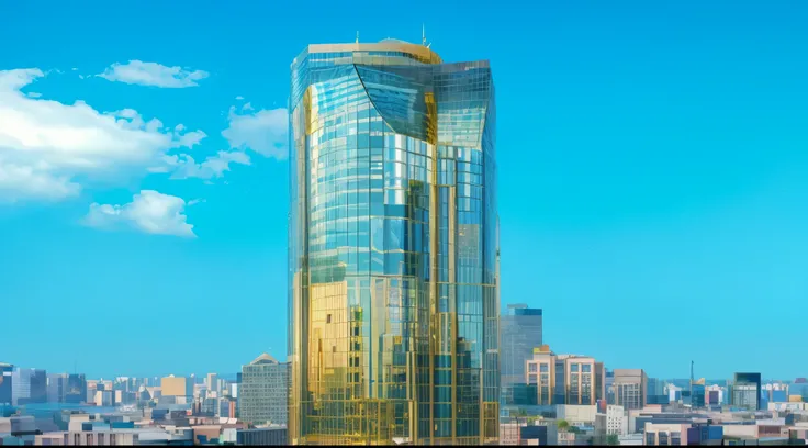 arafed view of a city with a tall building and a blue sky, full of glass facades, with shiny glass buildings, golden towers, megatall building, full of clear glass facades, single building, the building is a skyscraper, with tall glass skyscrapers, neo kyi...