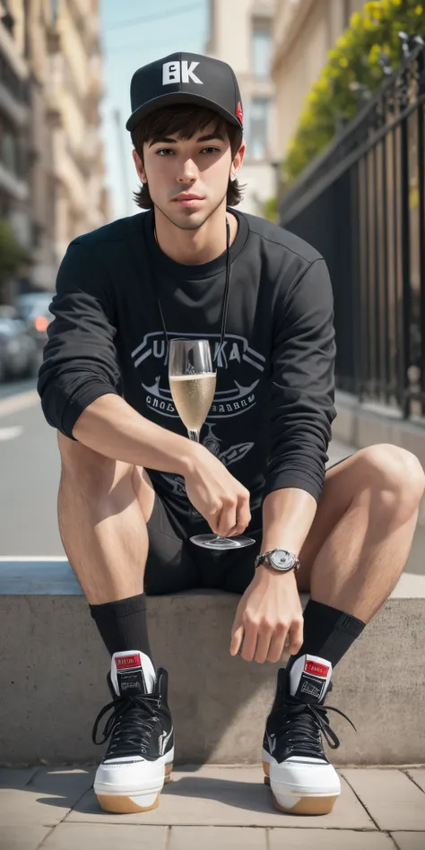 A portrait of a full body skater  cute boy drinking champagne, 32k, realistic, lighthing, ultra detailed --auto --s2