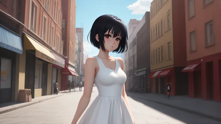 1girl, anime, short black hair, white dress, city, highres, ultrasharp, 8k, masterpiece