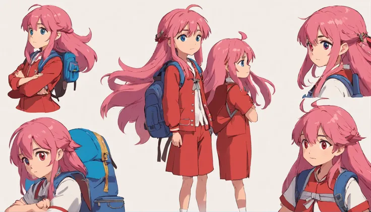 10 year old girl named Beverly Chandra with long flowy pink hair, blue eyes, dressed with red suit and backpack. ((character design sheet)) ((((different poses different angles))))