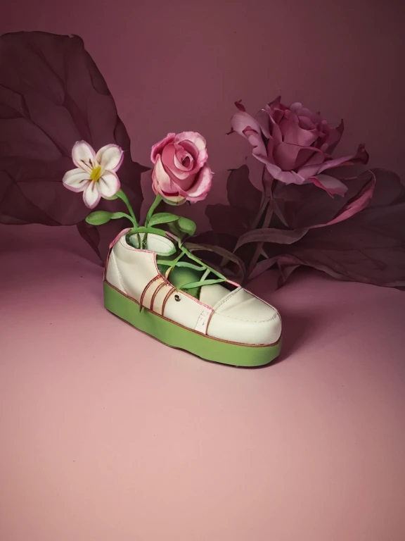 A shoe has a lily and a rose inside