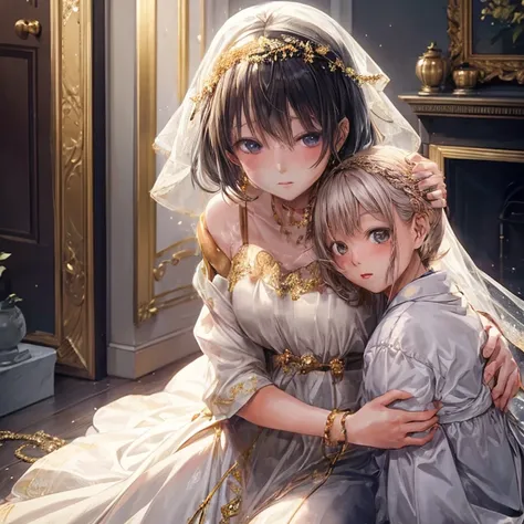 top-quality　A woman in a white dress and gold ornaments embraces a 10-year-old girl dressed in gray clothes.　is crying　Retro　Draw eyes in detail