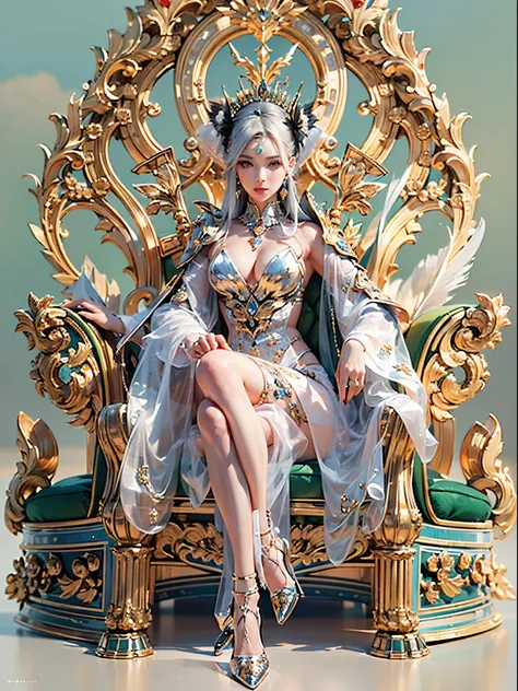 ((The beauty of the emperor sitting on a luxurious chair))、8K high image quality、Ultra-Realistic Detail、masutepiece、3d rendered、(Sexy costume with wide open chest)、A detailed face、Intelligent and beautiful face、Detailed body、Detailed hand、Best Quality、Best...