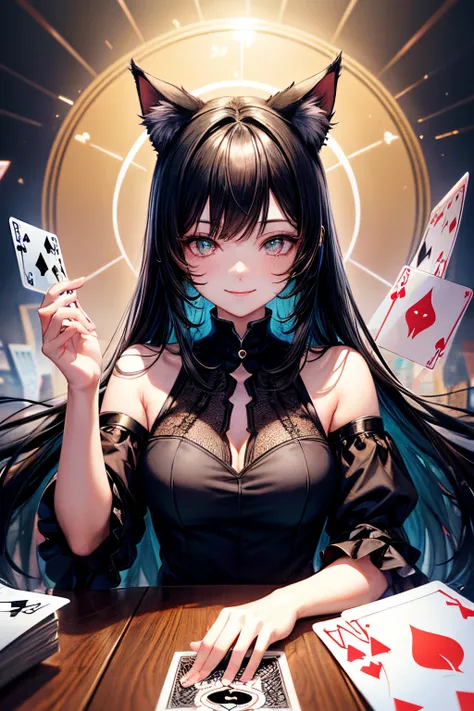 Top quality, high resolution, perfect human structure, background focus, front view, glowing hair, cat ears, black hair, cards, smile, playing cards, clover, bright, gradient eyes, swept bangs,