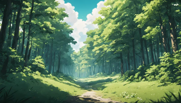 a cinematic still from an anime movie, green forest in a sunny day with few clouds, high res, sony fe 24-70mm f/2.8 gm, 32k uhd,...