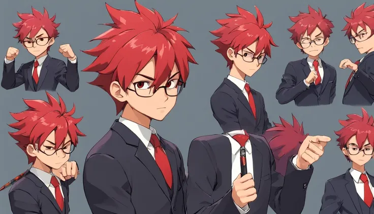 15 year old boy named Calvin Chandra, red spiky high hair, face with stitches and scars, dressed as a businessman with black suit and dark glasses, brings nunchaku and tablet on his back, fierce yet kind face  ((character design sheet)) ((((different poses...