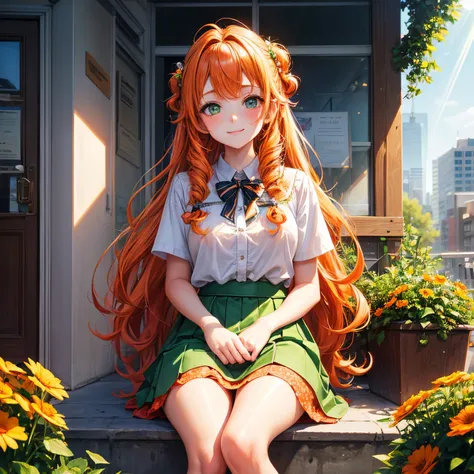 Masterpiece portrait of a woman in Montreal at dawn, long whitr hair, Cute orange curly hair, ssmile, green-eyed, freckle, Floral, a skirt, zori, neon, llight rays, causticism, Lens reflections, ((Alone)), ishmael_limbus