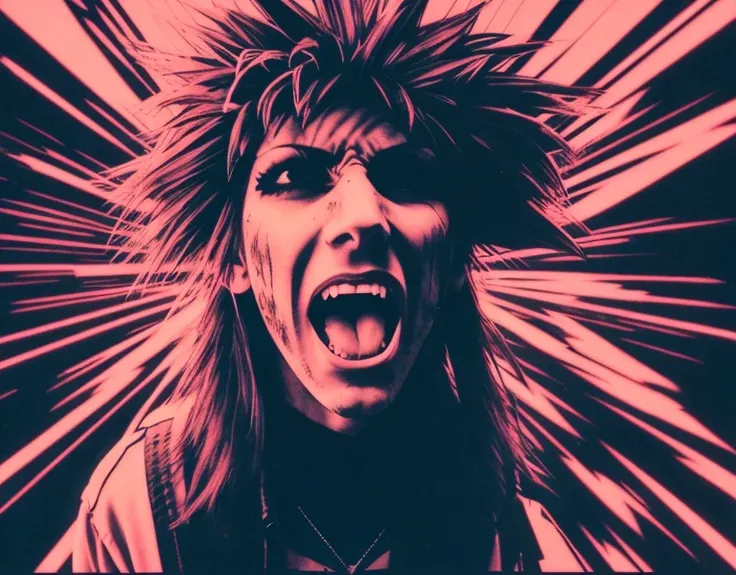 Person screaming visualized sound waves out of there mouth, in 80s gothic punk style, eyes open and Partially bloodshot, long 80s punk rock hair, VHS effect