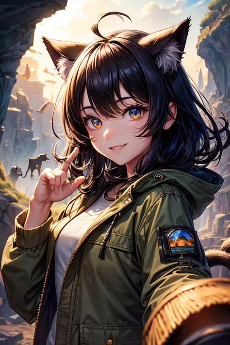 Top quality, high resolution, perfect human structure, background focus, front view, glowing hair, cat ears, black hair, smile, adventure, safari jacket, exploration, cave, bright, gradient eyes, swept bangs,