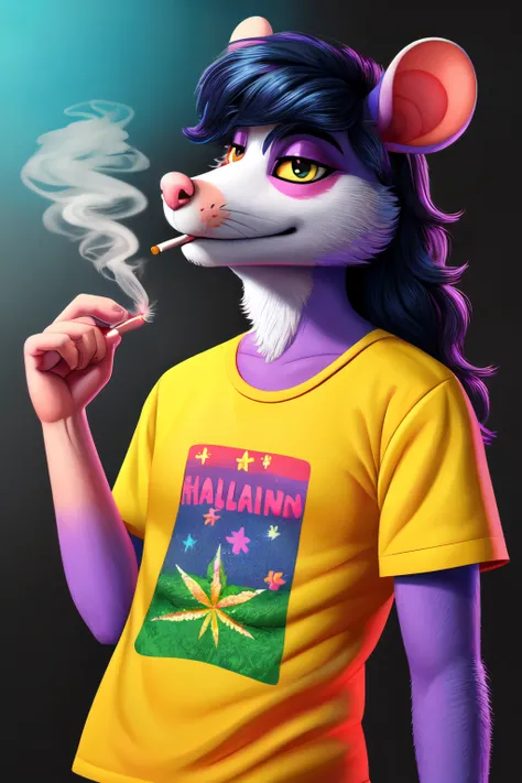 nonbinary, furry-style, anthropomorphic, black possum,  dark blue mullet,  wearing a hawaaiin shirt, rendered in ultra-realistic detail, sharp, high-quality details, lisa  frank style, smoking weed